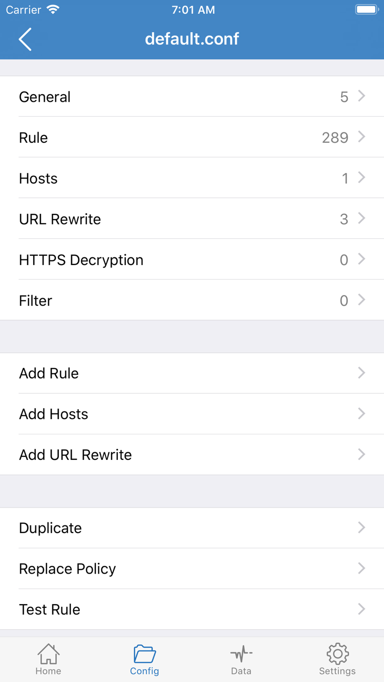 Shadowrocket’s Config editor, showing General, Rule, Hosts, URL Rewrite, HTTPS Decryption, and Add Rule