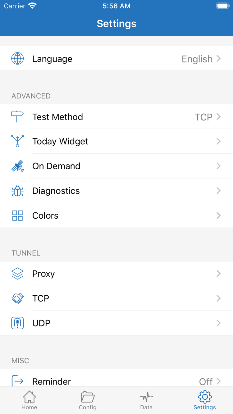 Shadowrocket’s Settings screen, showing the Language, Test Method, Today Widget, On Demand, Diagnostics, Proxy, TCP, and UDP options