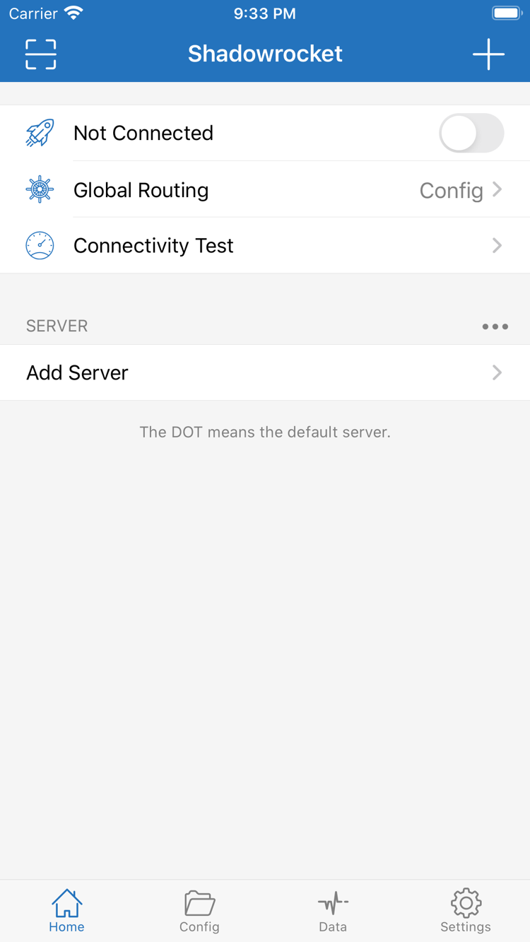 Shadowrocket’s Home screen, with the Not Connected switch at the top and Global Routing, Connectivity Test, SERVER, and Add Server below