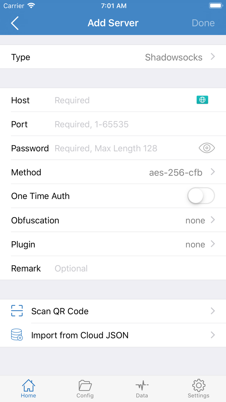 Shadowrocket’s Add Server screen, showing Type, Host, Port, Password, Method, and the QR code import option